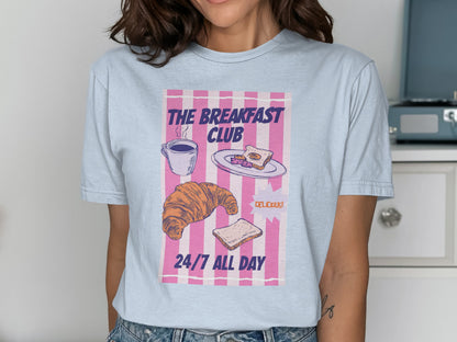 Pink striped t-shirt with "The Breakfast Club 24/7 All Day" and breakfast illustrations.