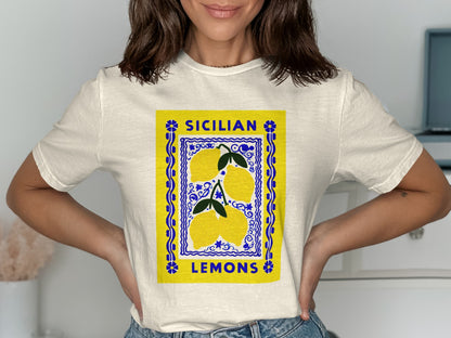 Cream t-shirt with "SICILIAN LEMONS" text and yellow lemon illustration.