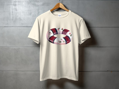 Cream t-shirt with a circular floral pattern.