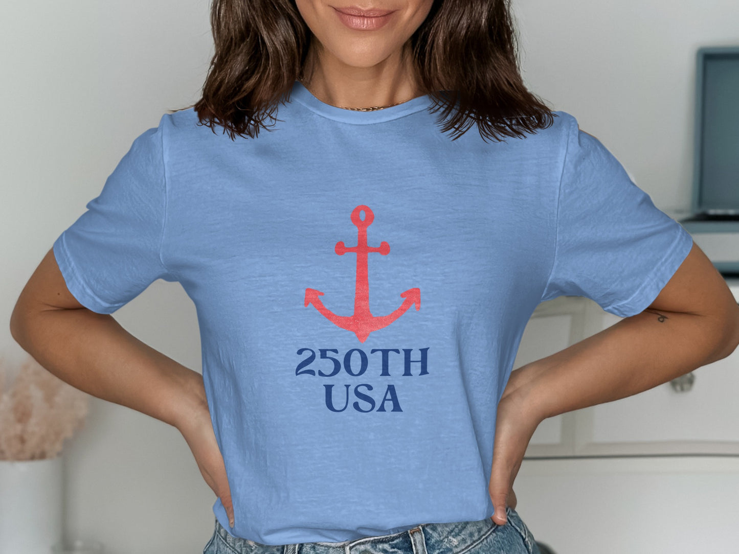 Light blue t-shirt with red anchor and "250TH USA" text.