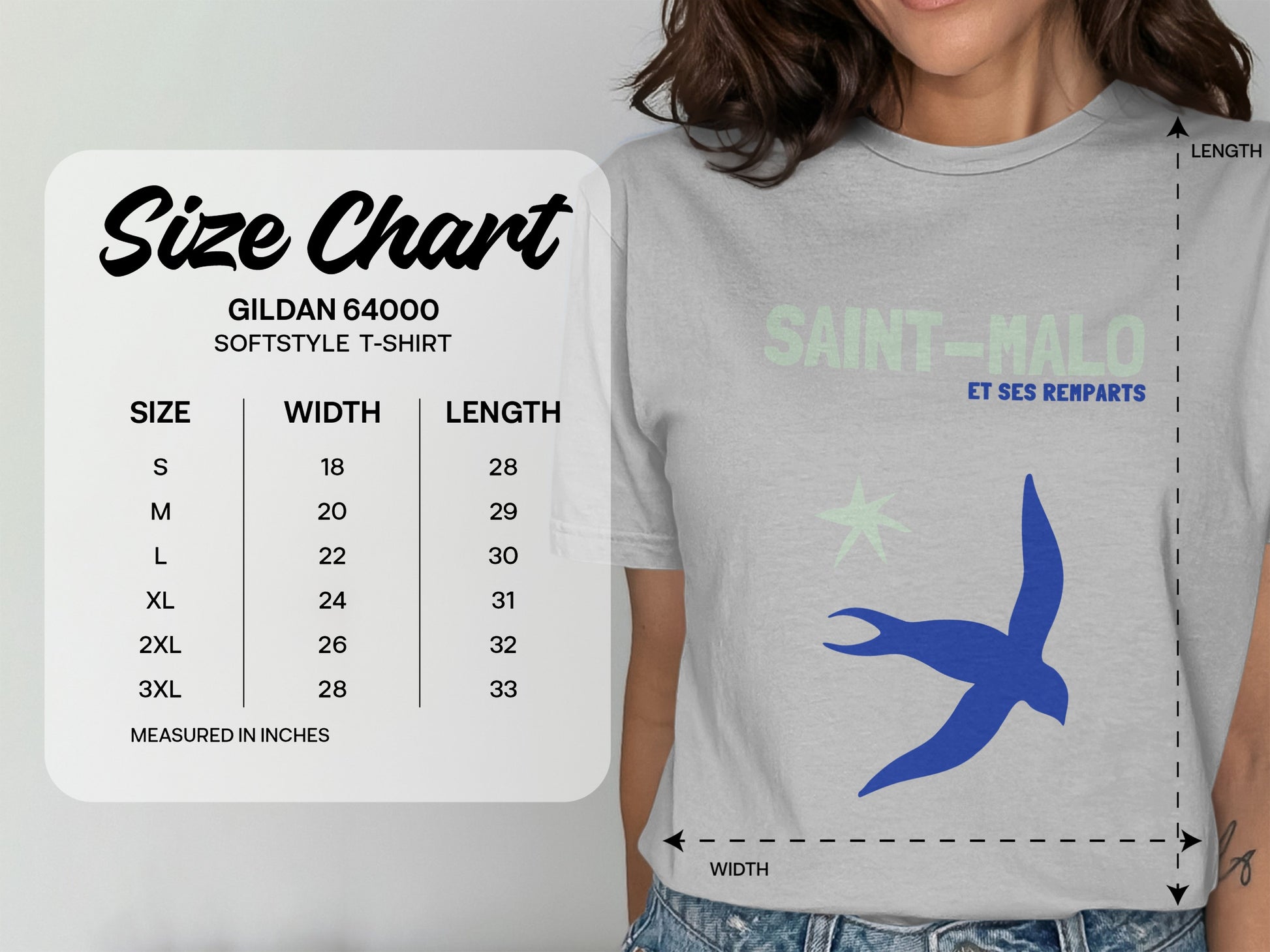Gildan 64000 softstyle t-shirt size chart with measurements in inches.