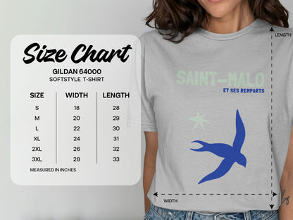 Gildan 64000 softstyle t-shirt size chart with measurements in inches.