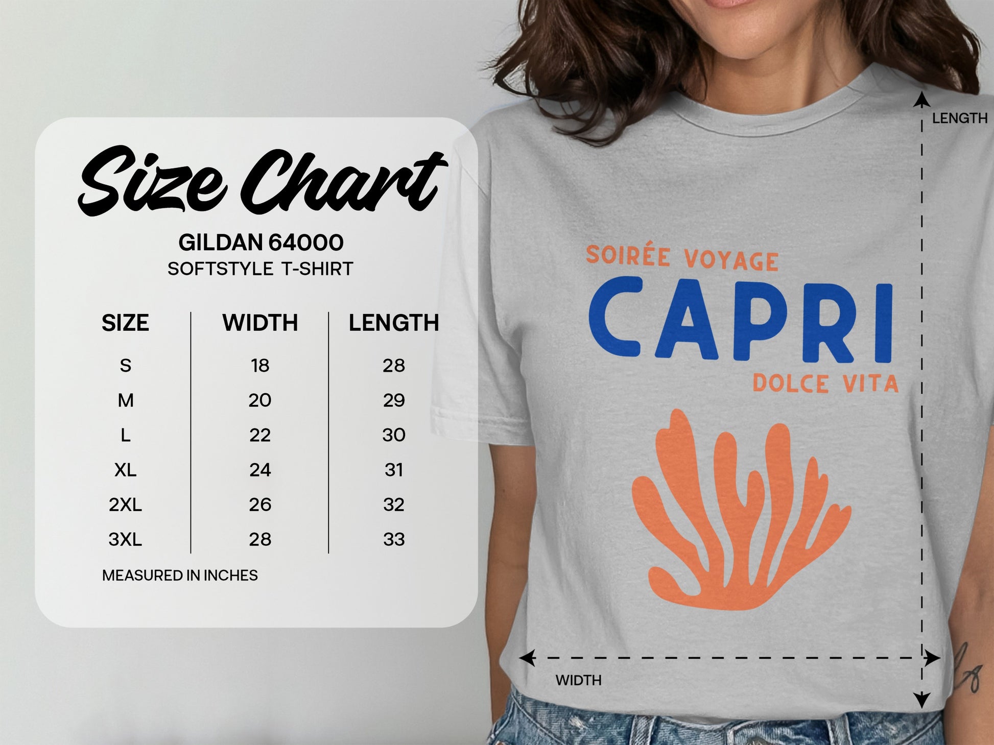 Gildan 64000 t-shirt size chart with Capri graphic and measurements.