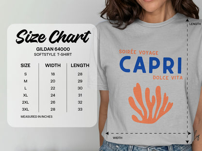 Gildan 64000 t-shirt size chart with Capri graphic and measurements.
