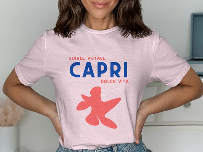 Pink t-shirt with "Capri Dolce Vita" and red abstract design.
