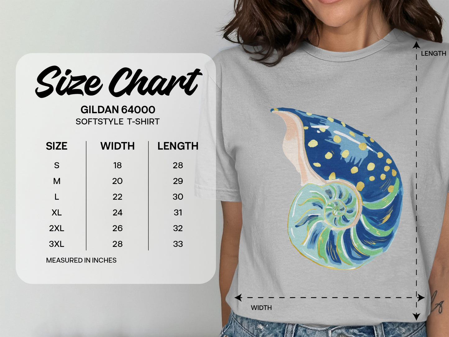 Gildan 64000 Softstyle t-shirt size chart with width and length measurements in inches.