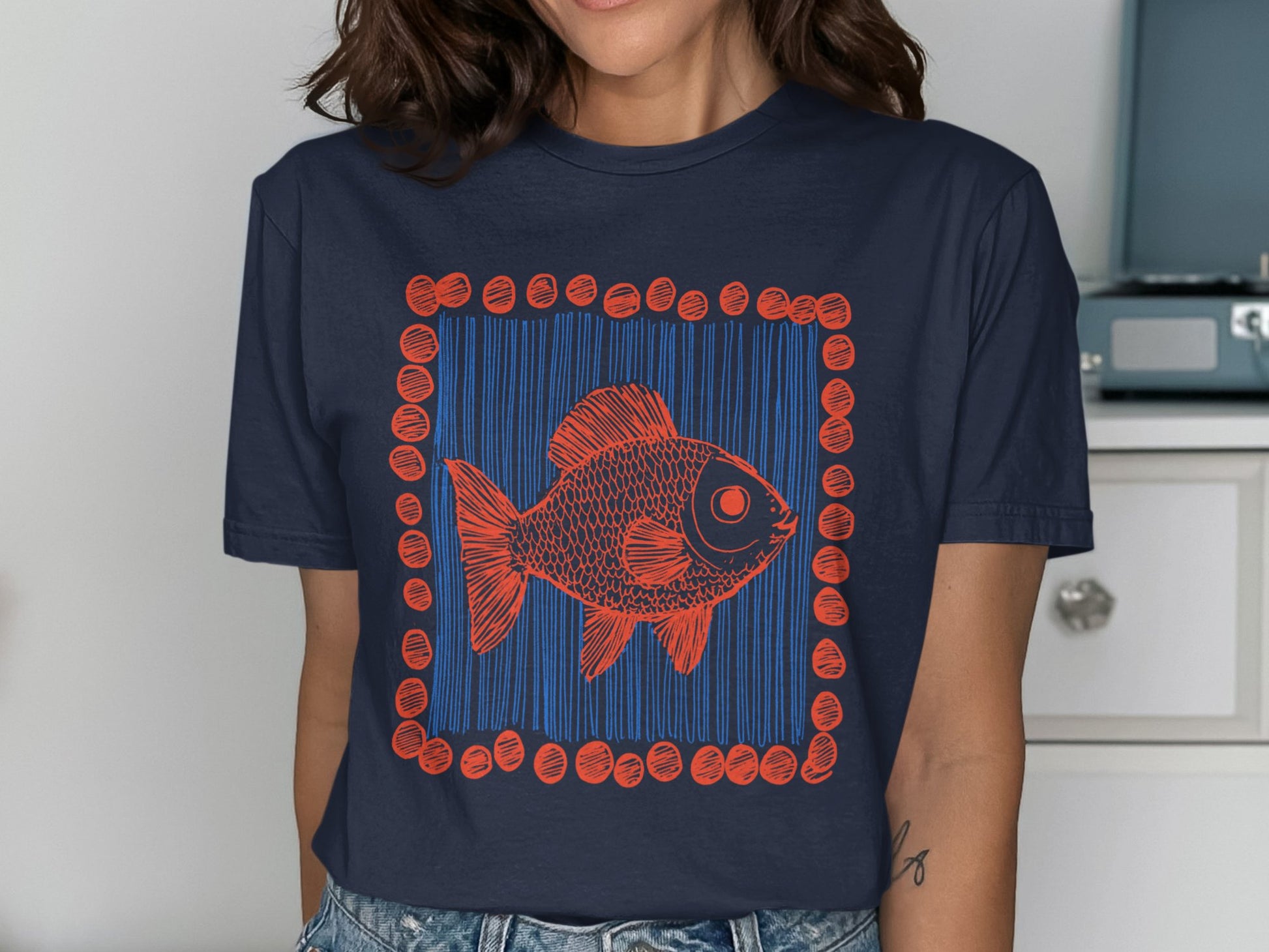 Artistic Red Fish Graphic Navy Blue T-Shirt product