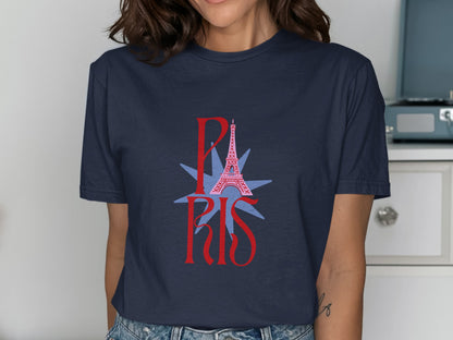 Navy t-shirt with pink Eiffel Tower and red "PARIS" text.