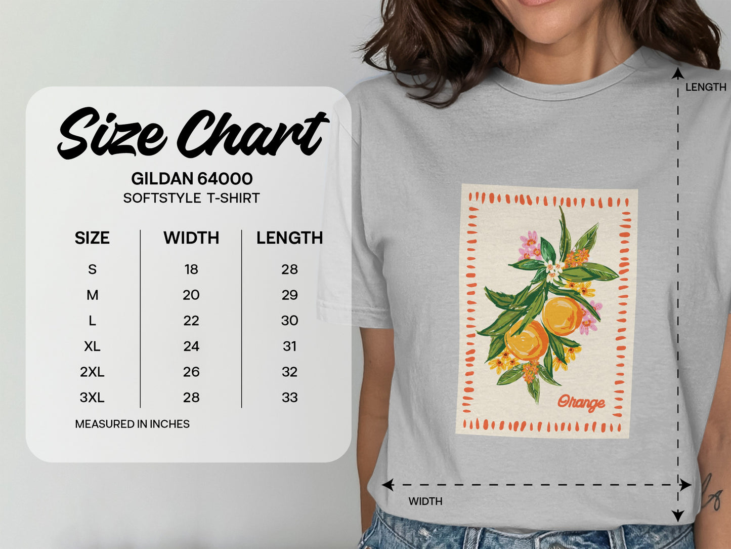 Gildan 64000 Softstyle T-shirt size chart with measurements in inches.