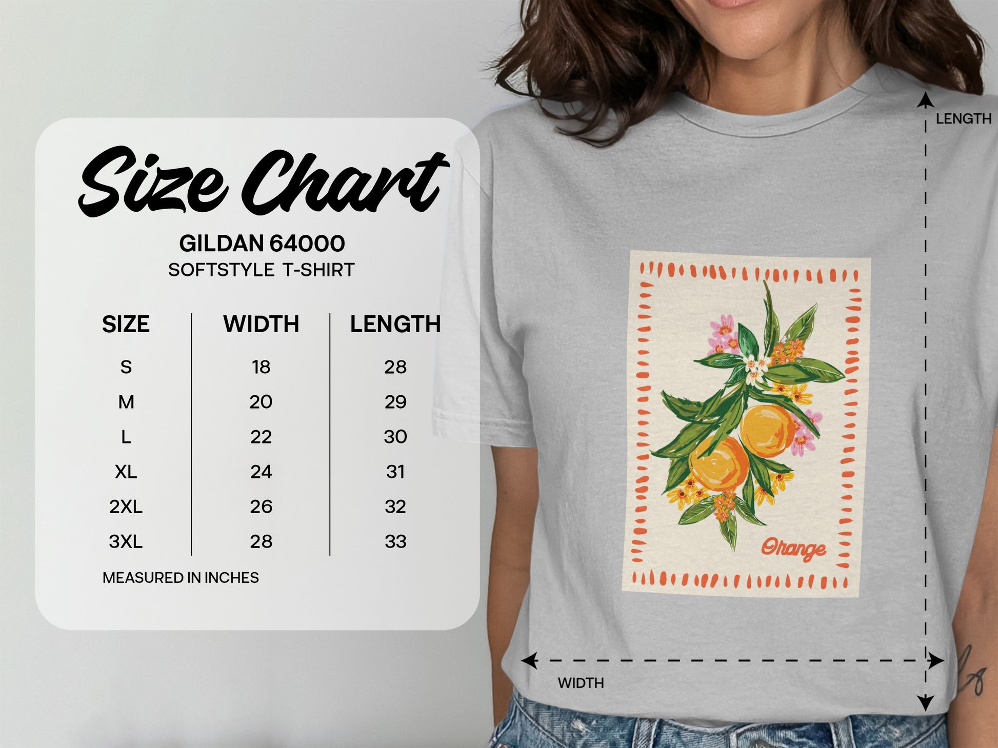 Gildan 64000 Softstyle T-shirt size chart with measurements in inches.