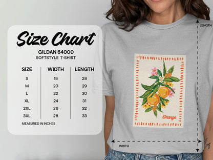 Gildan 64000 Softstyle T-shirt size chart with measurements in inches.