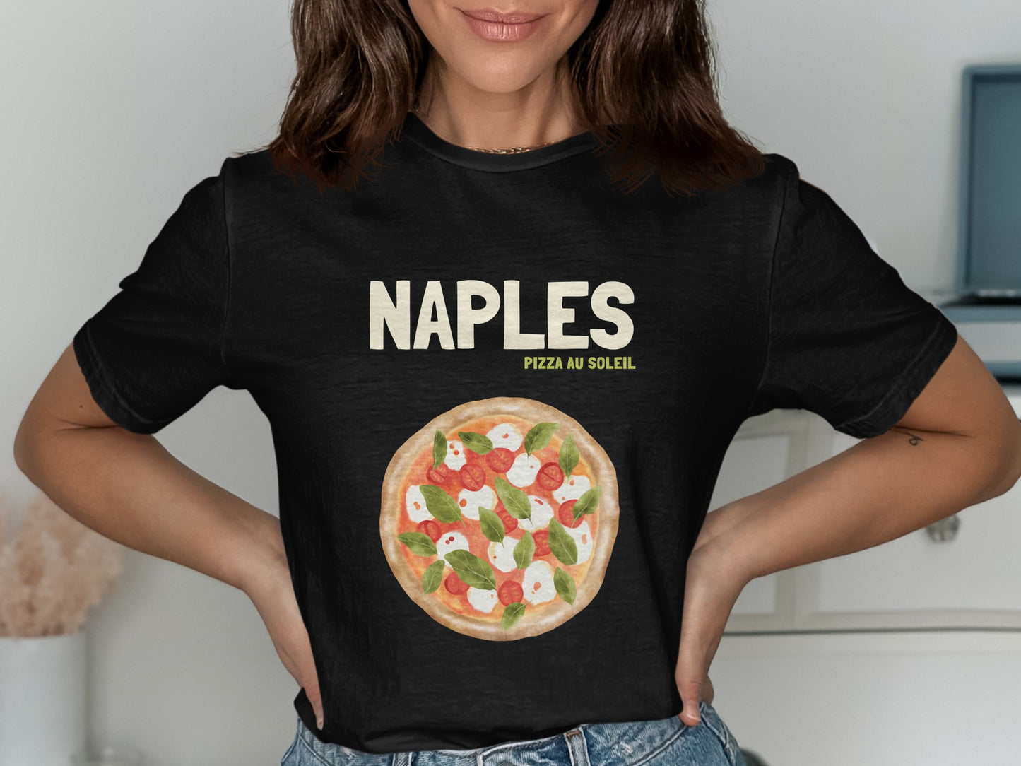 Black t-shirt with "NAPLES PIZZA AU SOLEIL" and Margherita pizza graphic.
