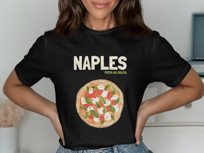 Black t-shirt with "NAPLES PIZZA AU SOLEIL" and Margherita pizza graphic.