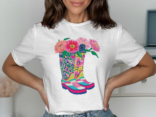 Vibrant Floral Boots Graphic on White T-shirt product type