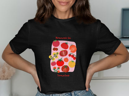Black t-shirt with graphic of various tomatoes and text "Nuances de Tomates".