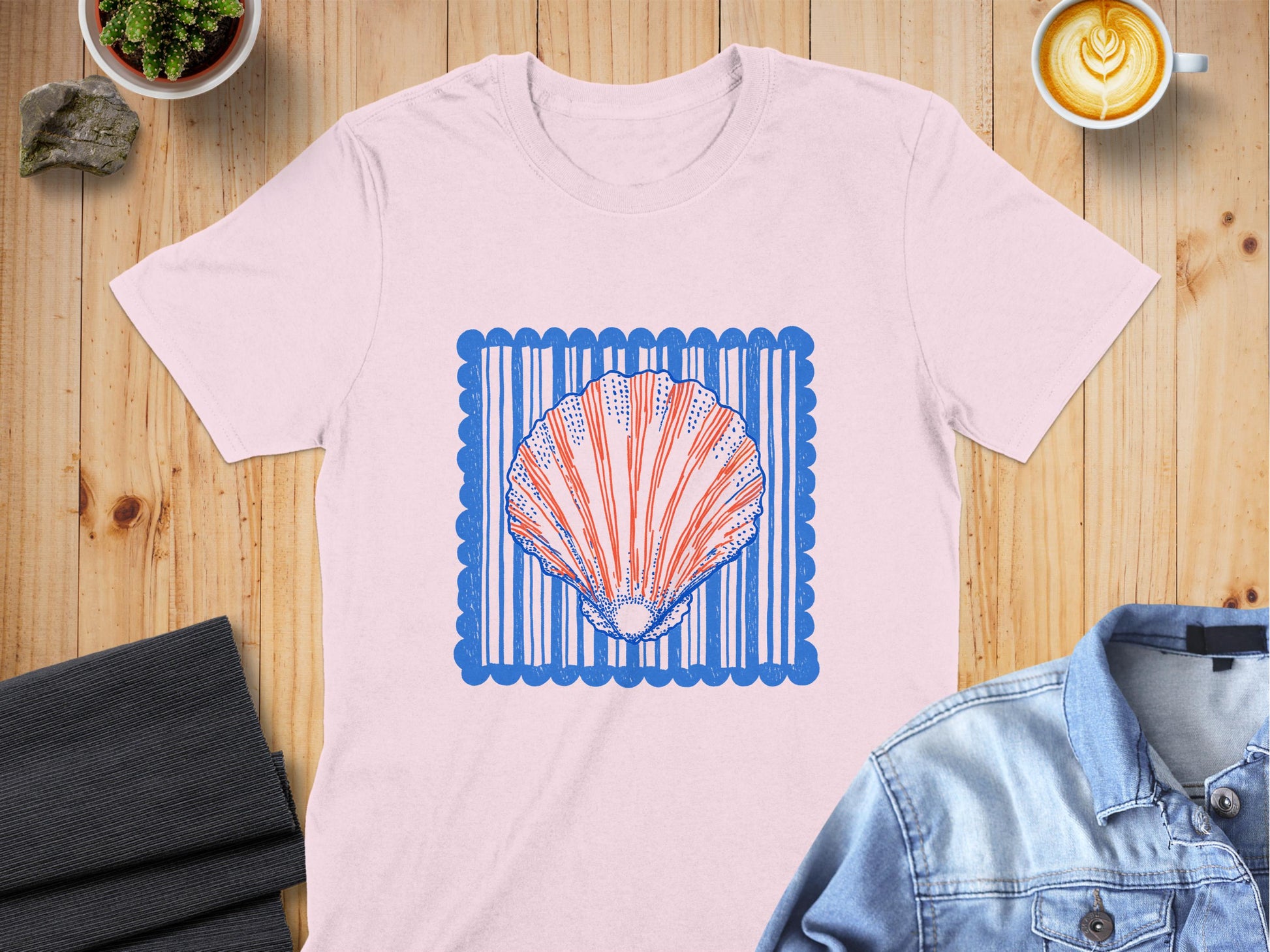 Stylish Pink T-shirt with Blue Seashell Print product type