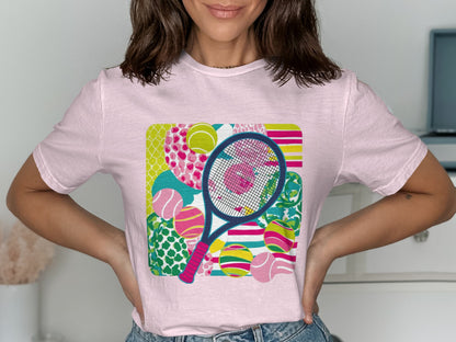 Colorful Tennis Racquet and Balls Graphic T-Shirt product