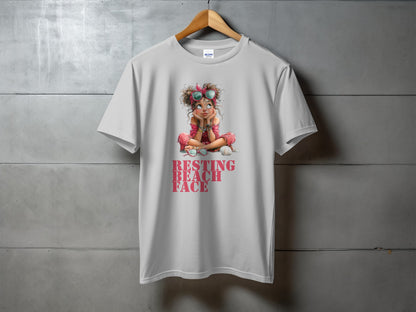 White t-shirt with "RESTING BEACH FACE" graphic of a girl wearing sunglasses.