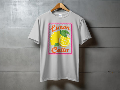 Grey t-shirt with a "Limoncello" graphic featuring a lemon and pink border.