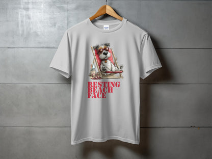 T-shirt with a cartoon dog in sunglasses relaxing on a beach chair.