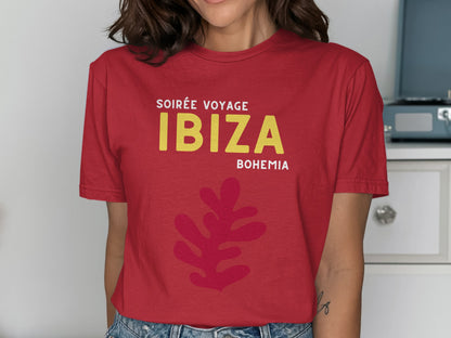 Red t-shirt with yellow "IBIZA" text and red leaf graphic.