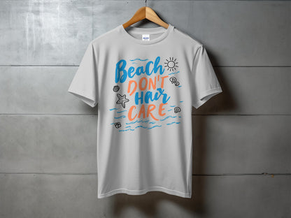 T-shirt with "Beach Hair Don't Care" text and beach-themed graphics.