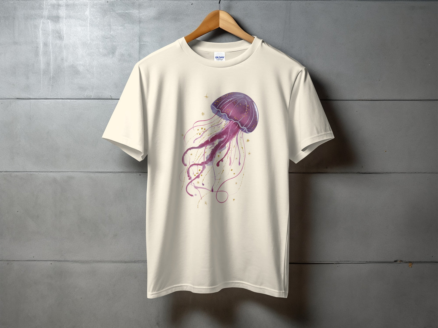 Cream t-shirt with purple jellyfish graphic.