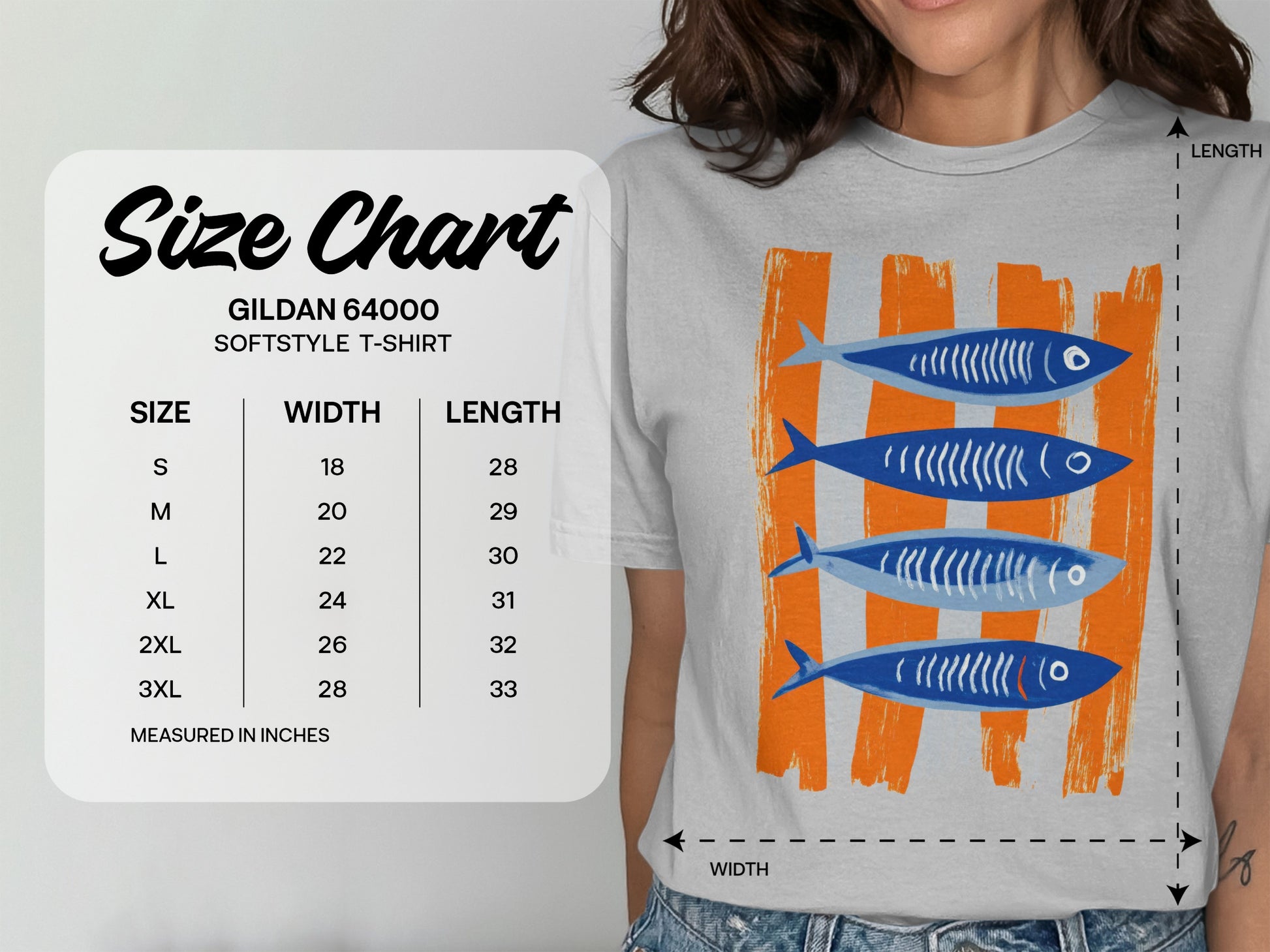 Gildan 64000 T-shirt size chart with measurements for width and length.