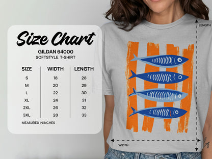 Gildan 64000 T-shirt size chart with measurements for width and length.
