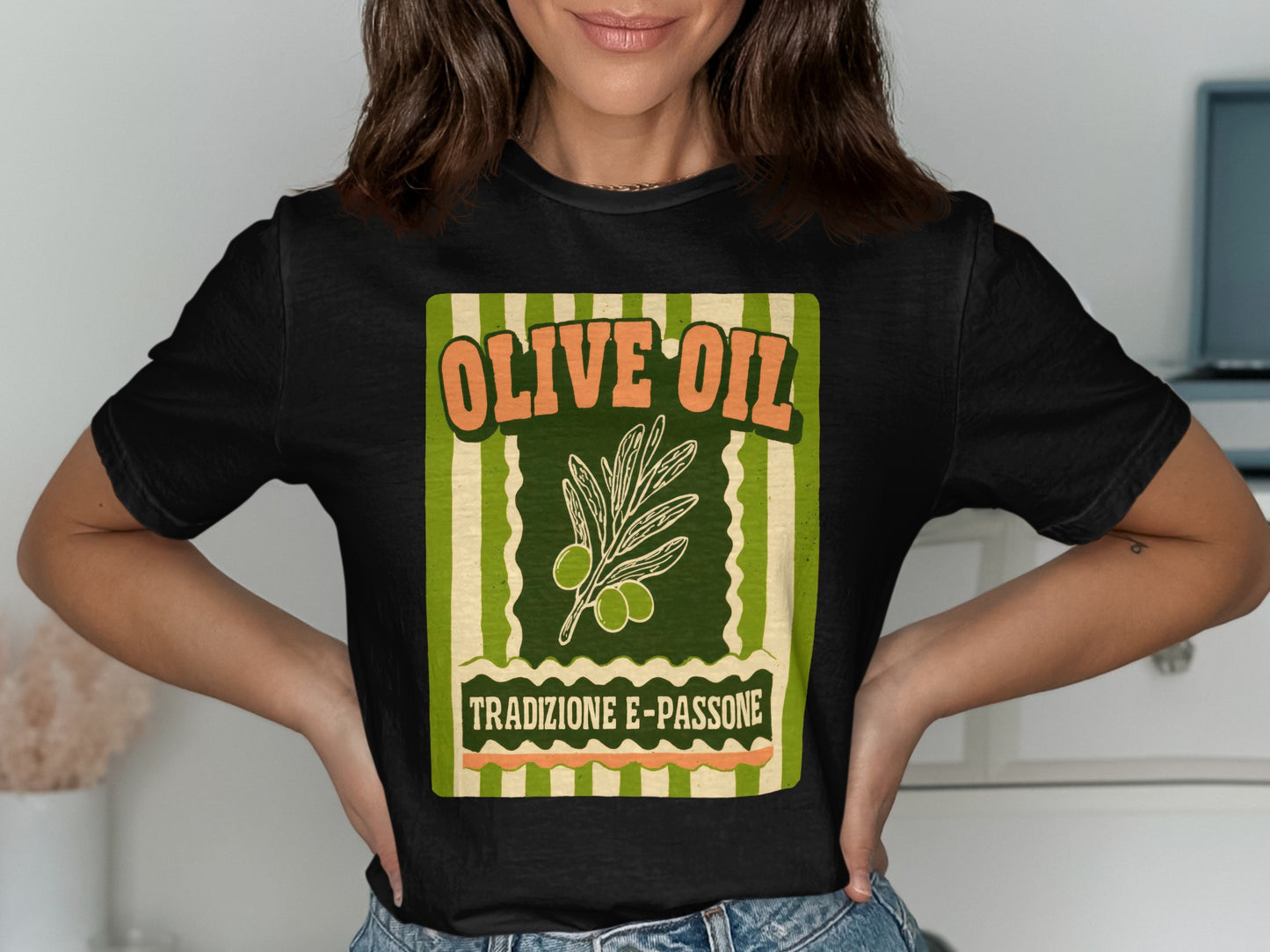 Black t-shirt with "Olive Oil Tradizione E-Passione" text and olive branch graphic.