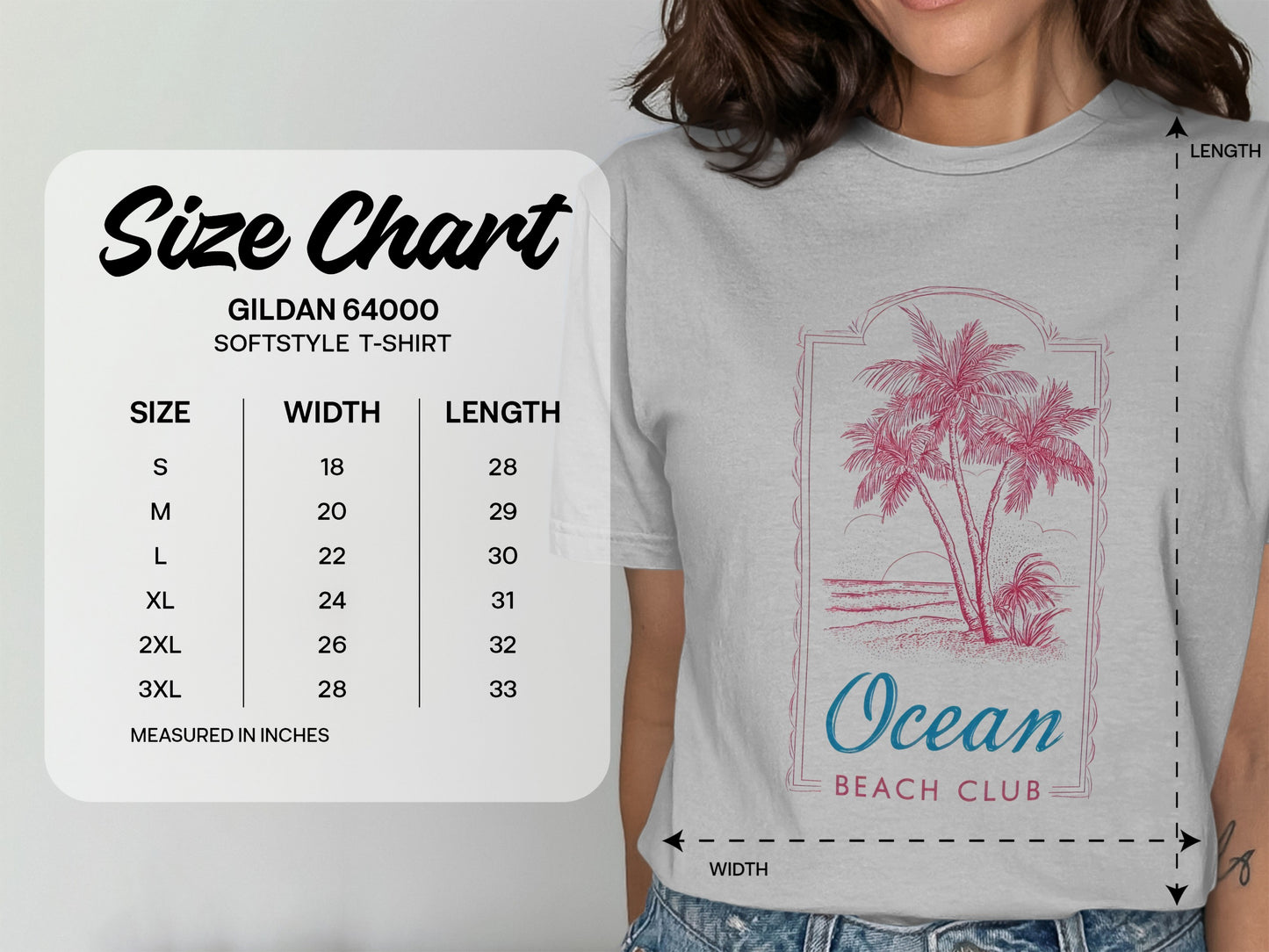 Gildan 64000 Softstyle T-shirt size chart with measurements.