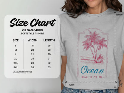 Gildan 64000 Softstyle T-shirt size chart with measurements.
