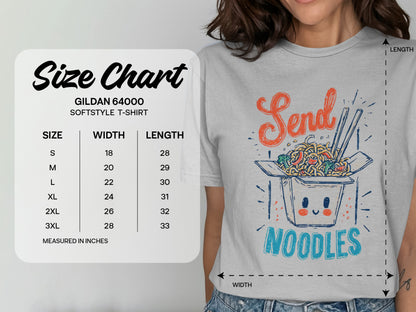 Gildan 64000 Softstyle T-shirt size chart for men and women, measured in inches.