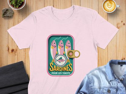 Pink t-shirt featuring a retro sardines in a can graphic.