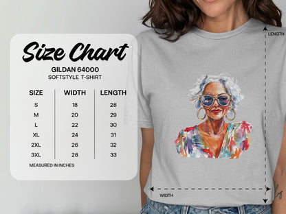 Size chart for Gildan 64000 softstyle t-shirt with measurements.