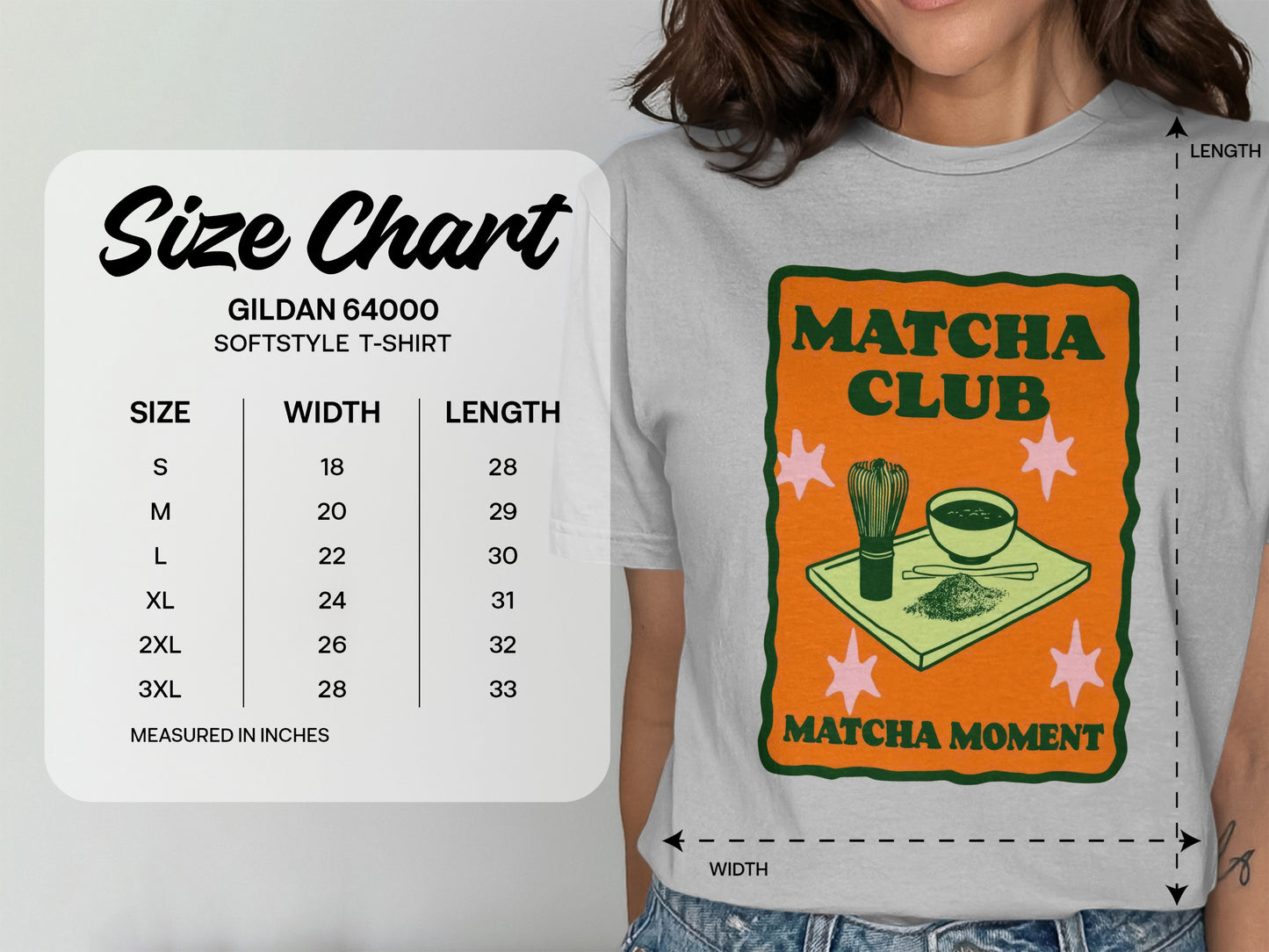 Gildan 64000 t-shirt size chart with matcha club graphic.