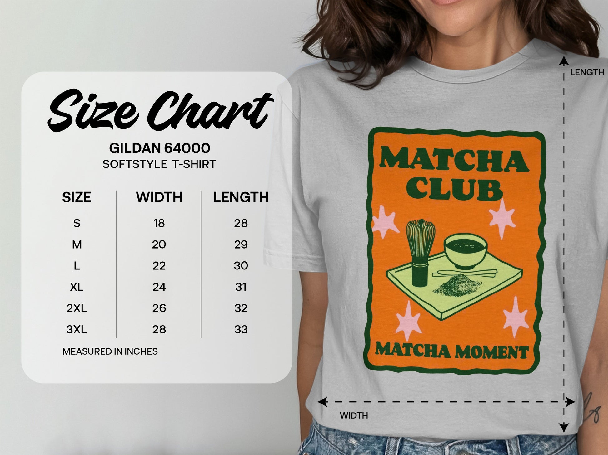 Gildan 64000 t-shirt size chart with matcha club graphic.