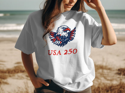 White t-shirt with red, white, and blue eagle graphic and "USA 250" text.