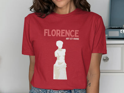 Red t-shirt with "FLORENCE ART ET VIVRE" and a marble statue.