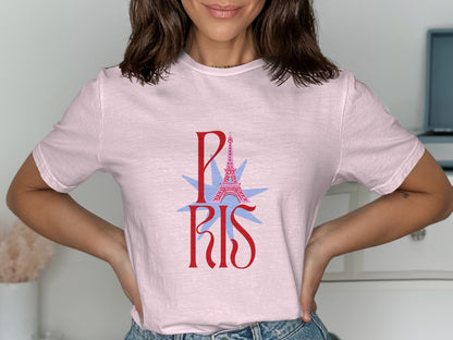 Pink t-shirt with a stylized Eiffel Tower and "PARIS" text.