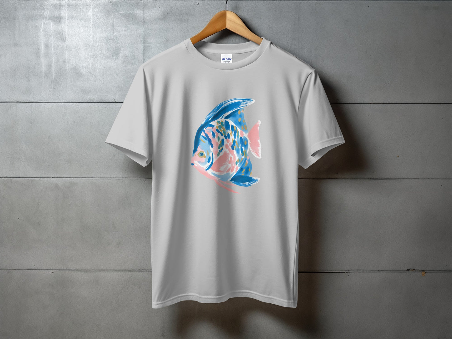 Gray t-shirt with a stylized blue and pink fish graphic.