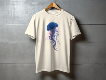 Cream t-shirt with a colorful jellyfish illustration.
