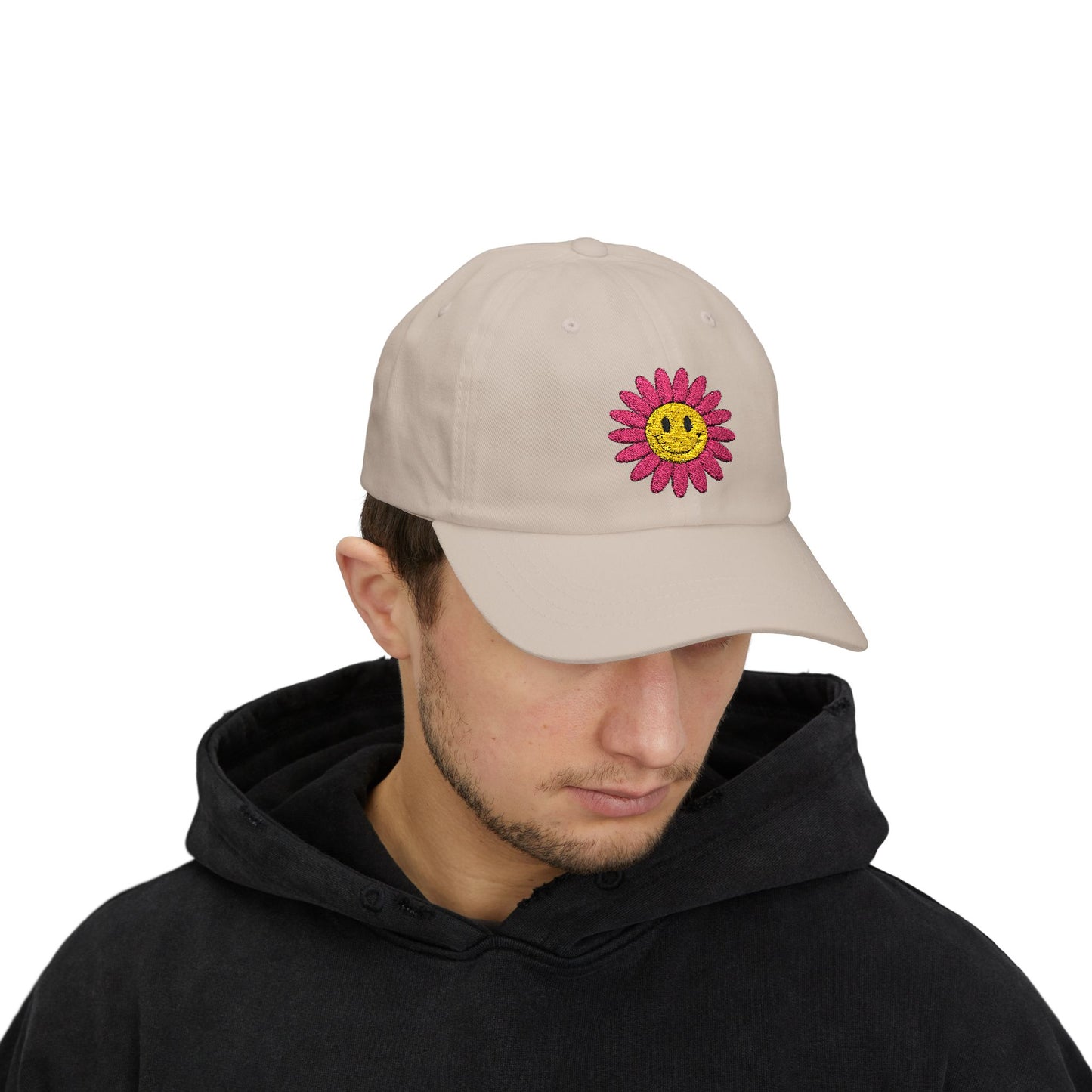 Smiley Daisy Dad Cap Embroidered Pink Flower Hat