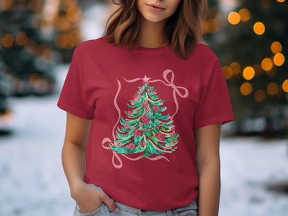 Festive Christmas Tree Design on Red T-shirt product