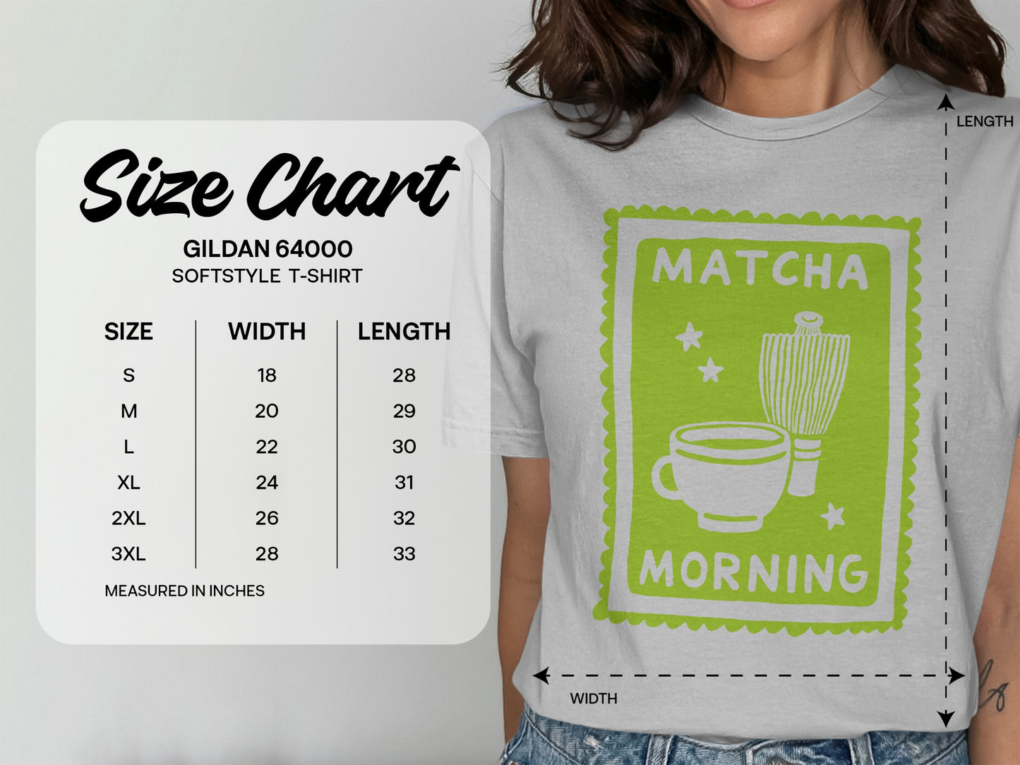 Gildan 64000 t-shirt size chart with measurements and matcha morning graphic.