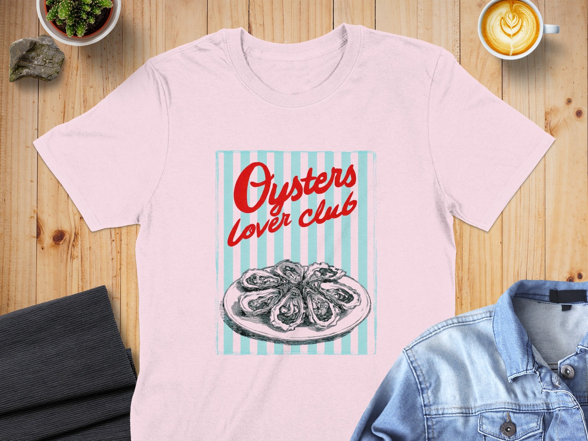 Pink t-shirt with "Oysters Lover Club" text and sketch of oysters.