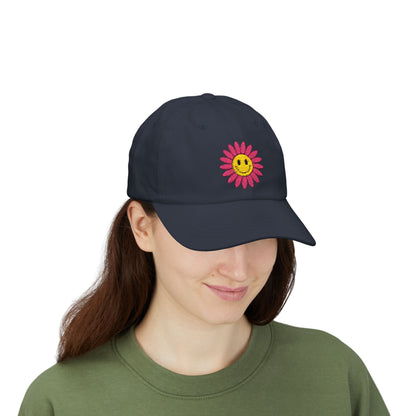 Smiley Daisy Dad Cap Embroidered Pink Flower Hat