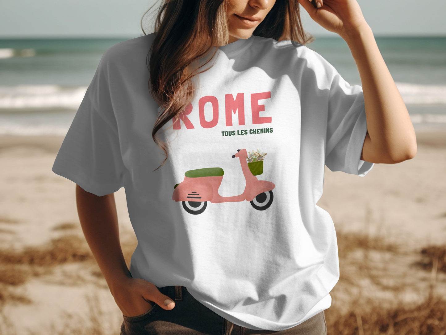 White t-shirt with pink scooter and "ROME" text.