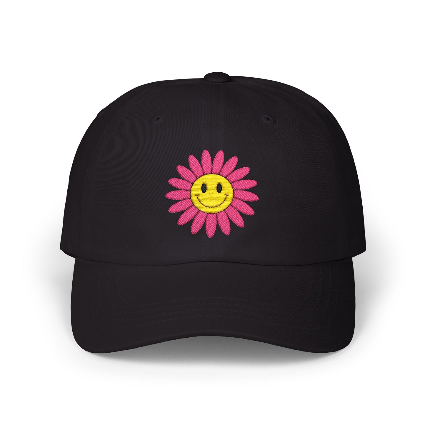 Smiley Daisy Dad Cap Embroidered Pink Flower Hat