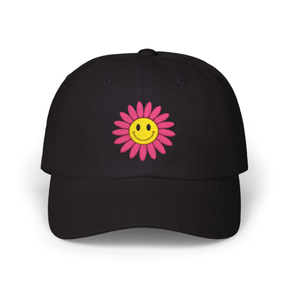 Smiley Daisy Dad Cap Embroidered Pink Flower Hat